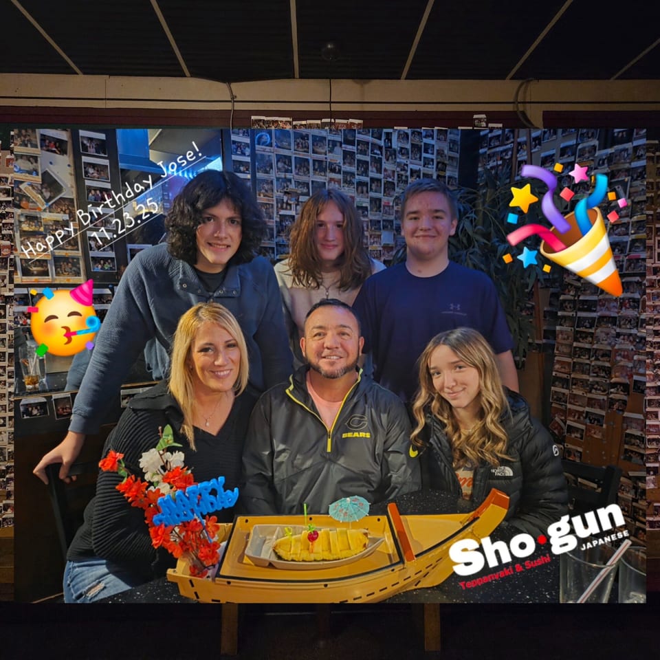 A family celebrates a birthday at Shogun Japanese Steakhouse, with a dessert boat and festive emojis.